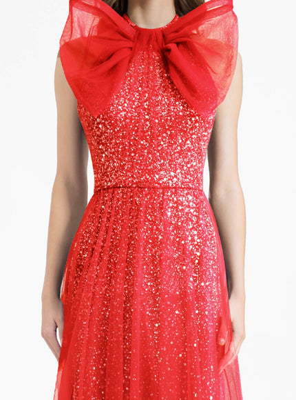 Gemy Maalouf Bow Halter-Neckline Gown Red