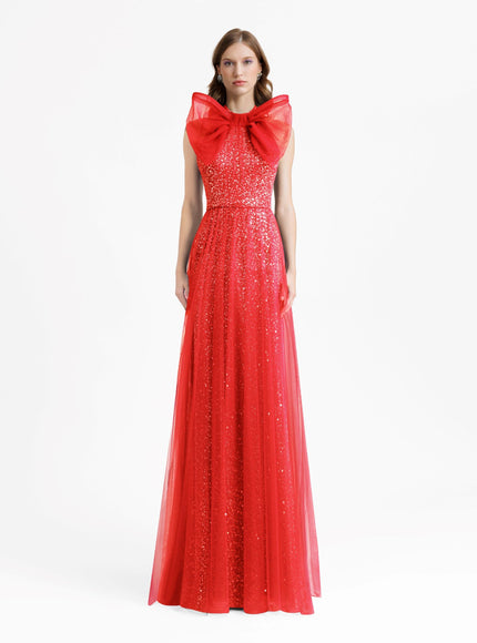 Gemy Maalouf Bow Halter-Neckline Gown Red