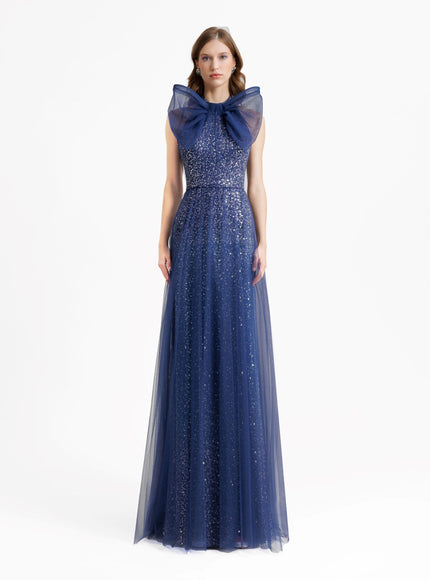 Gemy Maalouf Bow Halter-Neckline Gown Blue