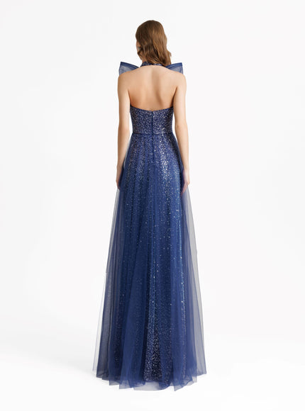 Gemy Maalouf Bow Halter-Neckline Gown Blue