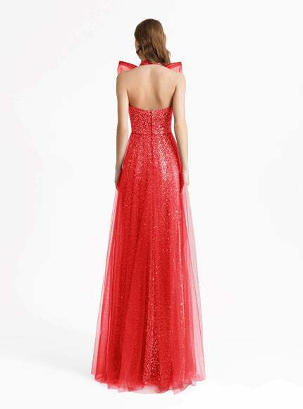 Gemy Maalouf Bow Halter-Neckline Gown Red