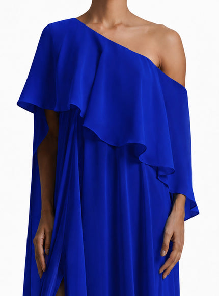 Gemy Maalouf One-Shoulder Gown With Ruffles Royal Blue