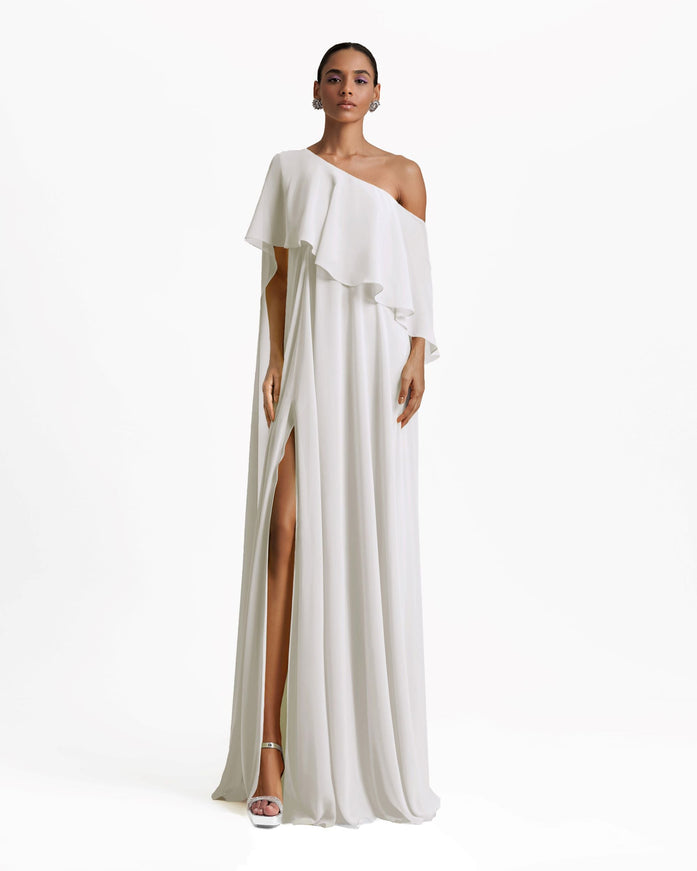 Gemy Maalouf One-Shoulder Gown With Ruffles White