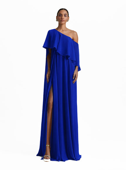 Gemy Maalouf One-Shoulder Gown With Ruffles Royal Blue