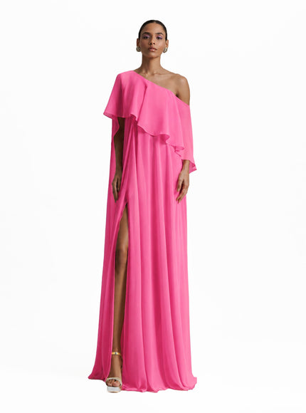 Gemy Maalouf One-Shoulder Gown With Ruffles Candy Pink