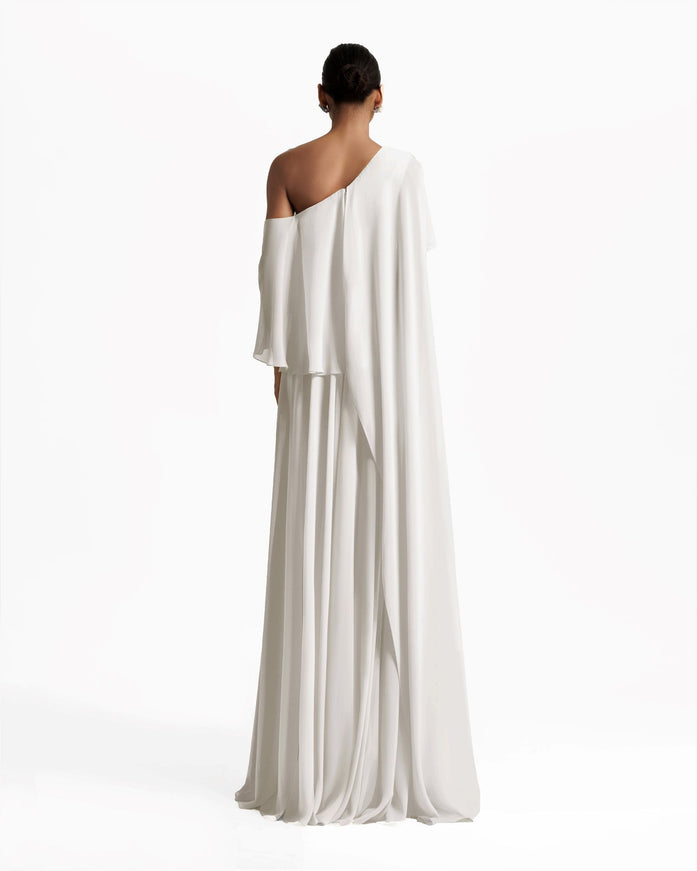Gemy Maalouf One-Shoulder Gown With Ruffles White