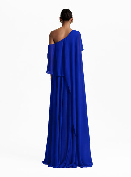 Gemy Maalouf One-Shoulder Gown With Ruffles Royal Blue