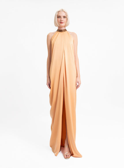 Gemy Maalouf Loose-Cut Gown With Beaded Collar Peach