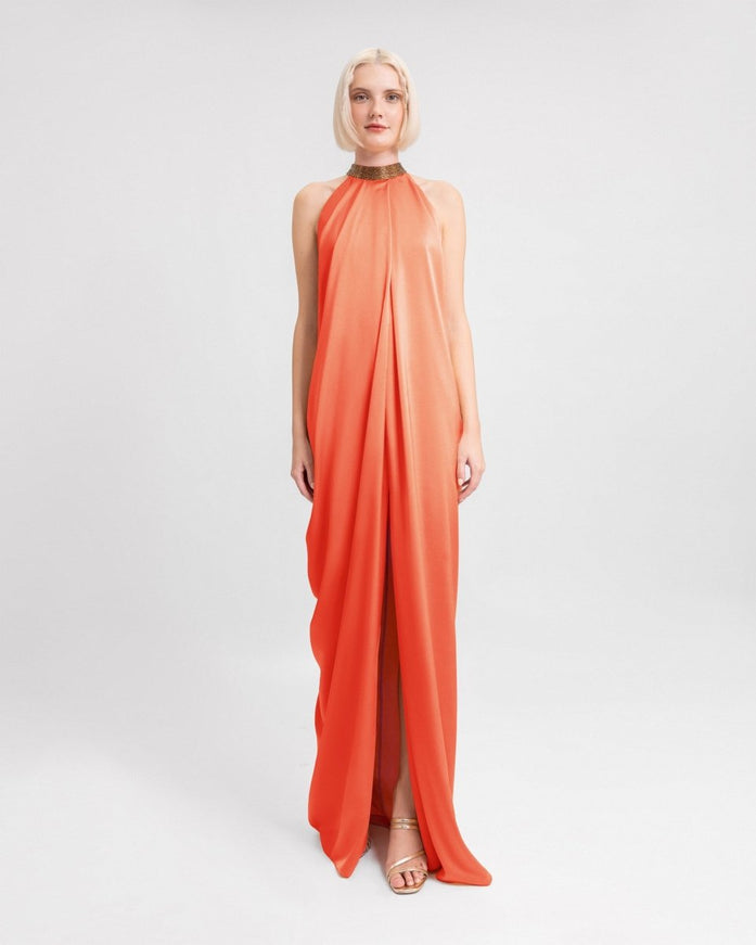 Gemy Maalouf Loose-Cut Gown With Beaded Collar Coral