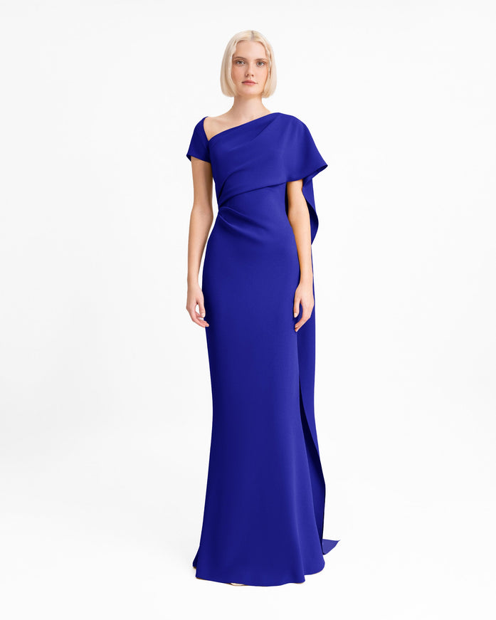 Gemy Maalouf Asymmetrical Neckline Gown No. 2012 Blue
