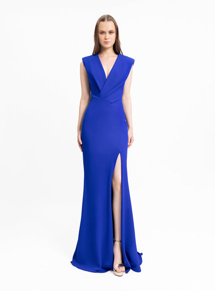 Gemy Maalouf Asymmetrical Waistline Gown Blue