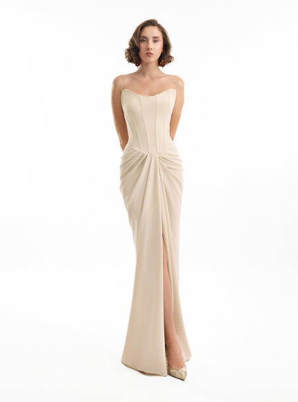 Gemy Maalouf Strapless Corset Gown Beige