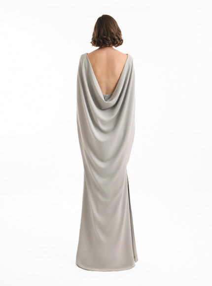 Gemy Maalouf High-Neck Gown With Cape Sleeves Grey