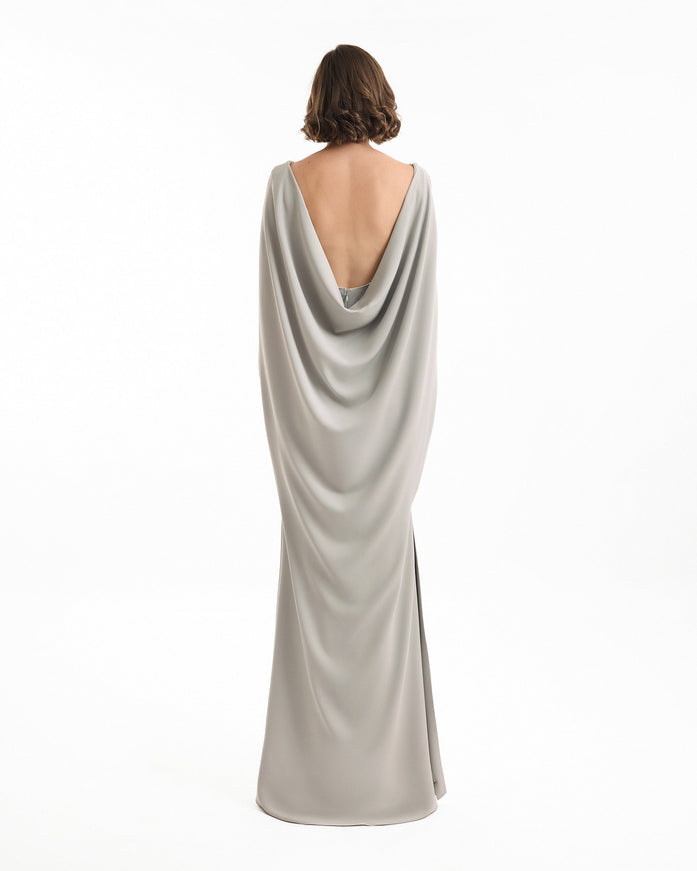 Gemy Maalouf High-Neck Gown With Cape Sleeves Grey
