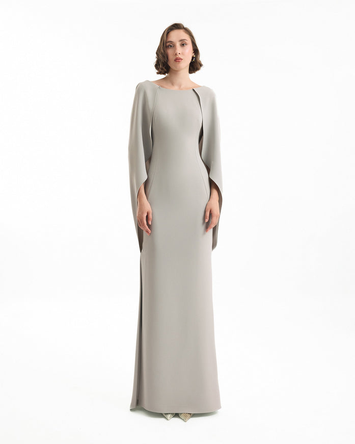 Gemy Maalouf High-Neck Gown With Cape Sleeves Grey