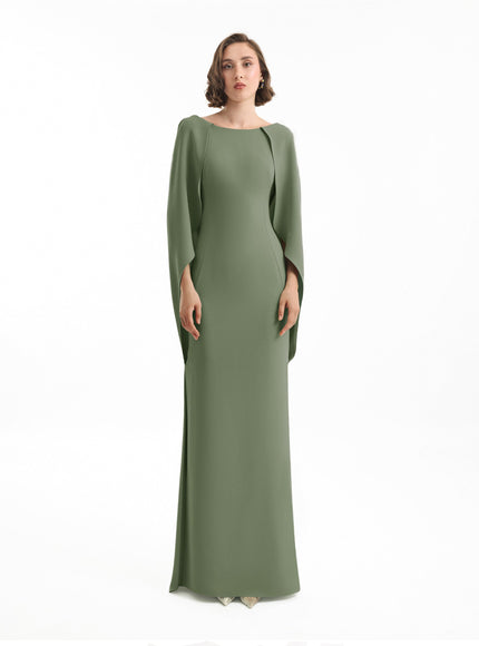 Gemy Maalouf High-Neck Gown With Cape Sleeves Olive