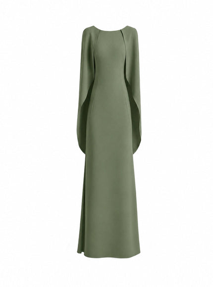 Gemy Maalouf High-Neck Gown With Cape Sleeves Olive