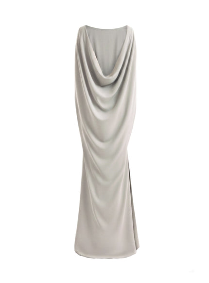Gemy Maalouf High-Neck Gown With Cape Sleeves Grey