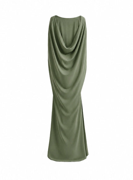 Gemy Maalouf High-Neck Gown With Cape Sleeves Olive