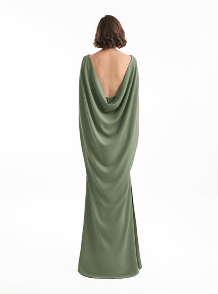 Gemy Maalouf High-Neck Gown With Cape Sleeves Olive