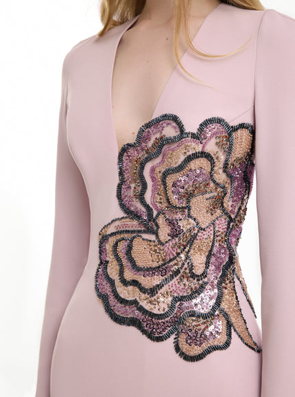 Gemy Maalouf Beaded Floral V-Neck Gown