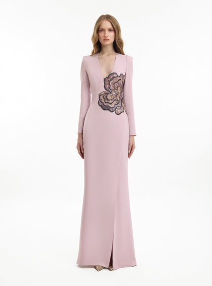 Gemy Maalouf Beaded Floral V-Neck Gown