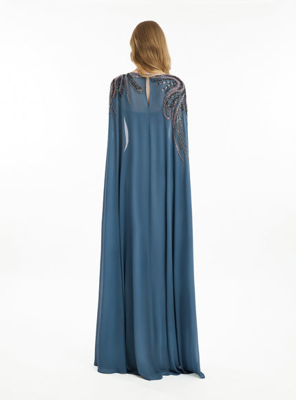 Gemy Maalouf Scoop-Neck Beaded Embroidery Cape Gown in Blue, back view