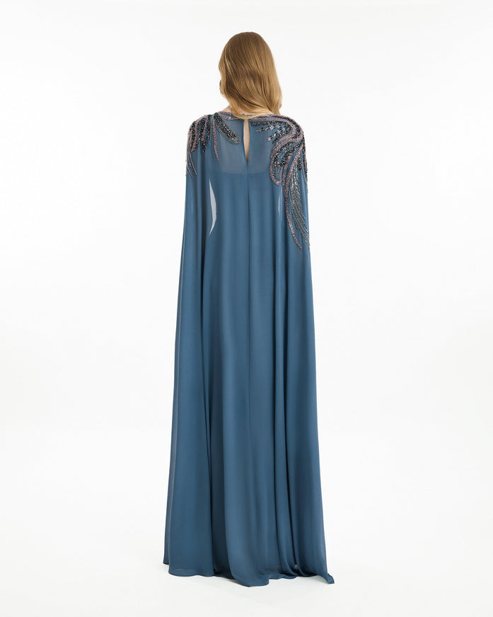 Gemy Maalouf Scoop-Neck Beaded Embroidery Cape Gown