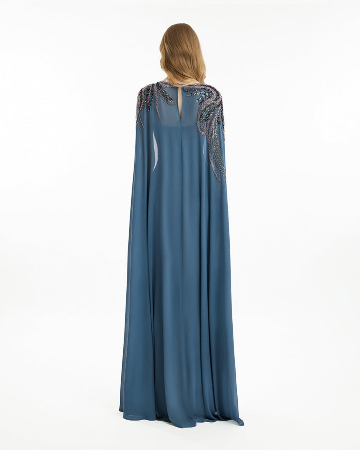 Gemy Maalouf Scoop-Neck Beaded Embroidery Cape Gown