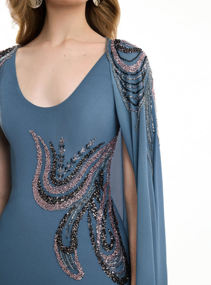 Gemy Maalouf Scoop-Neck Beaded Embroidery Cape Gown in Blue, fabric closeup