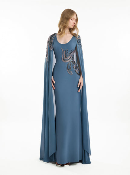 Gemy Maalouf Scoop-Neck Beaded Embroidery Cape Gown in Blue, front view