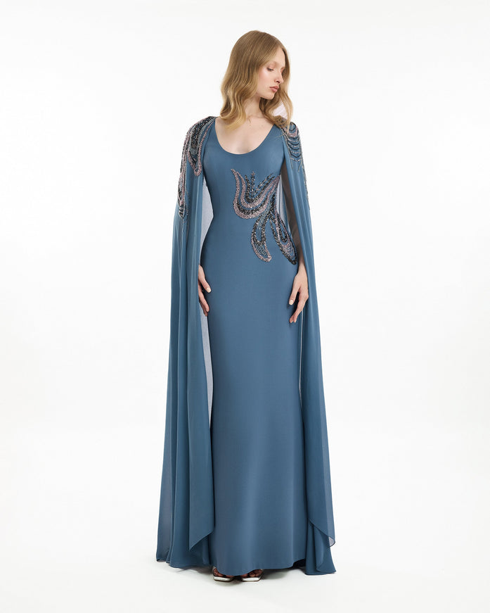 Gemy Maalouf Scoop-Neck Beaded Embroidery Cape Gown Blue