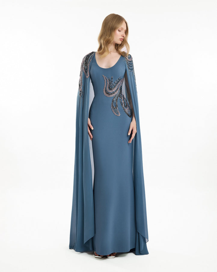 Gemy Maalouf Scoop-Neck Beaded Embroidery Cape Gown Blue