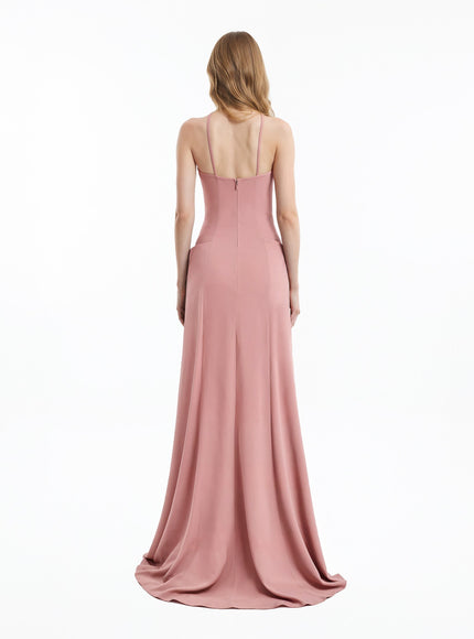 Gemy Maalouf Halter-Neck Gown With Structured Hips Warm Blush