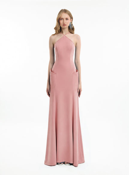Gemy Maalouf Halter-Neck Gown With Structured Hips Warm Blush