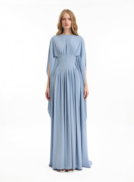 Gemy Maalouf Flowy High-Neck Gown Blue