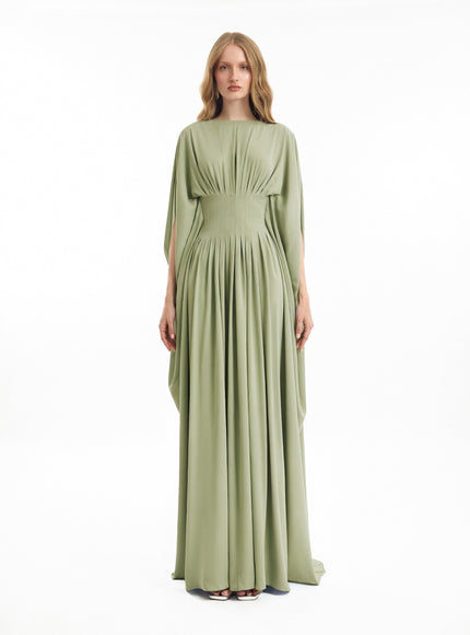 Gemy Maalouf Flowy High-Neck Gown Green