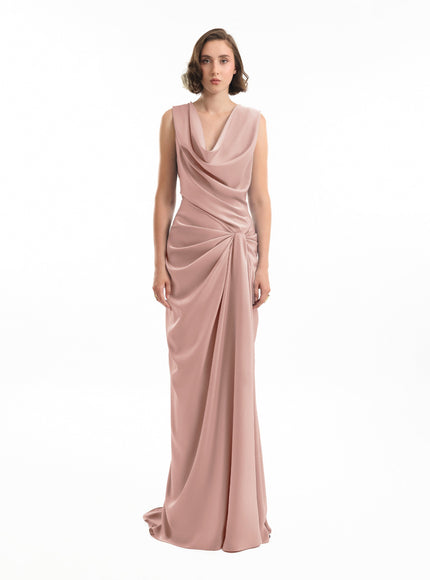 Gemy Maalouf Draped Long Gown Vintage Pink