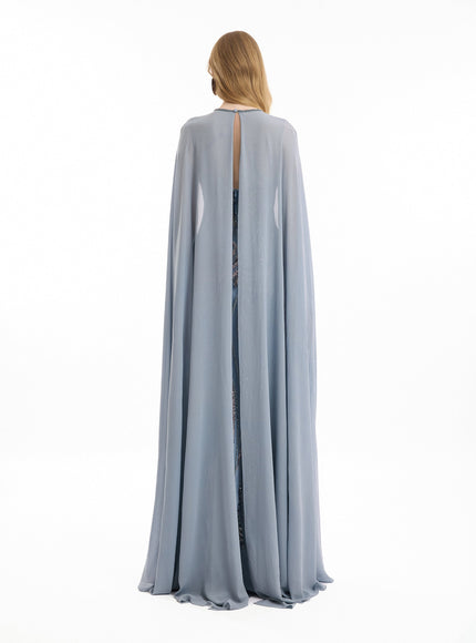 Gemy Maalouf Fitted Beaded Gown With Sheer Neckline Blue