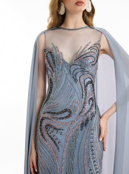Gemy Maalouf Fitted Beaded Gown With Sheer Neckline Blue
