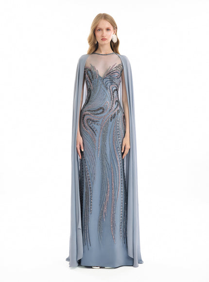 Gemy Maalouf Fitted Beaded Gown With Sheer Neckline Blue