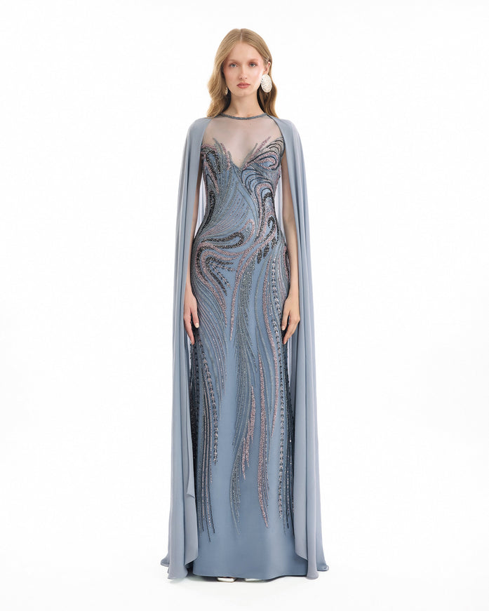 Gemy Maalouf Fitted Beaded Gown With Sheer Neckline Blue