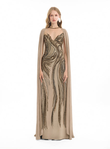 Gemy Maalouf Fitted Beaded Gown With Sheer Neckline Sand