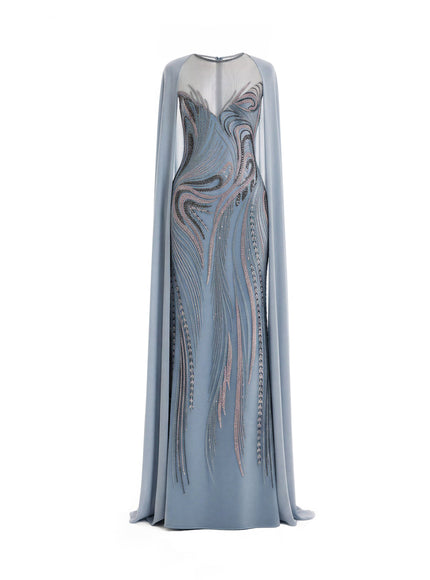 Gemy Maalouf Fitted Beaded Gown With Sheer Neckline Blue