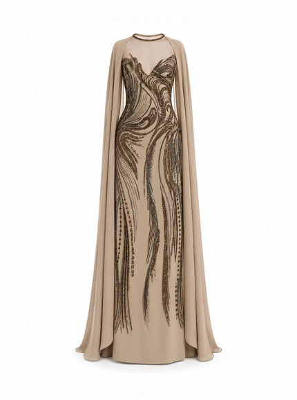 Gemy Maalouf Fitted Beaded Gown With Sheer Neckline Sand