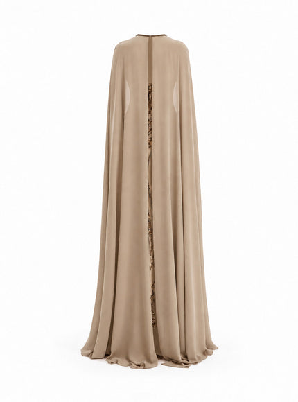 Gemy Maalouf Fitted Beaded Gown With Sheer Neckline Sand
