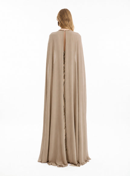 Gemy Maalouf Fitted Beaded Gown With Sheer Neckline Sand
