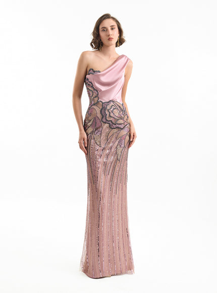 Gemy Maalouf One-Shoulder Satin Gown No. 2155 Pink