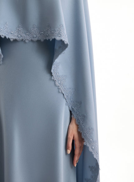 Gemy Maalouf V-Neck Gown With Embroidered Cape Blue