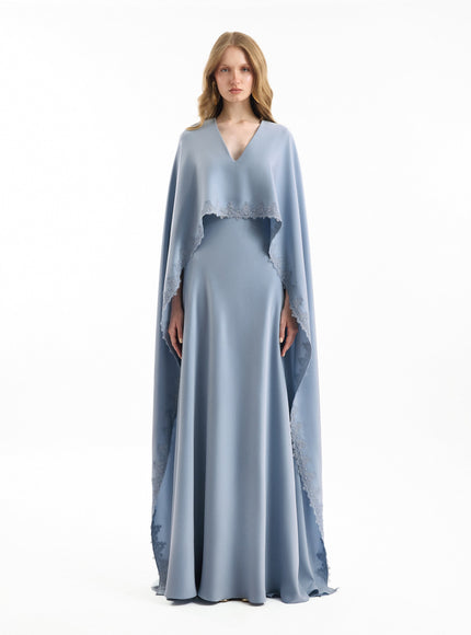 Gemy Maalouf V-Neck Gown With Embroidered Cape Blue